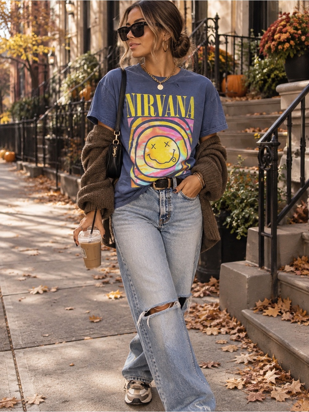 Nirvana Rainbow Smiley Face Graphic T-Shirt – Blue – Size Medium